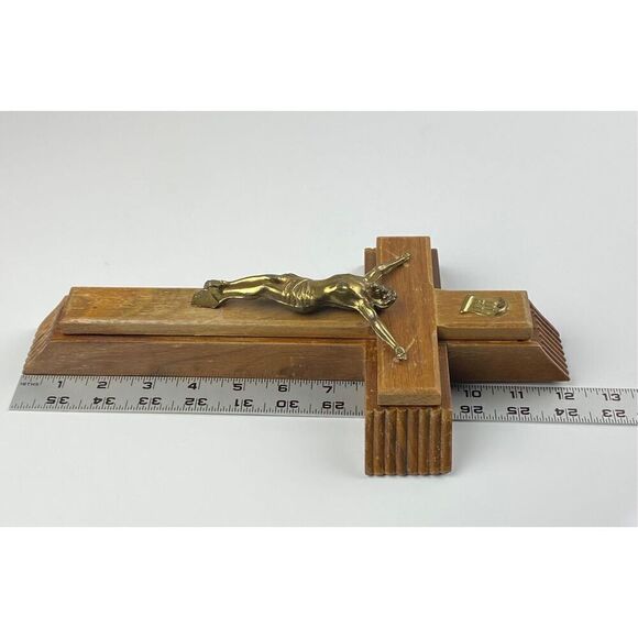 Wooden Cross Set w/ Sliding Lid & Candles Last Rites Sick Call Compartment 12" D - Picture 8 of 11